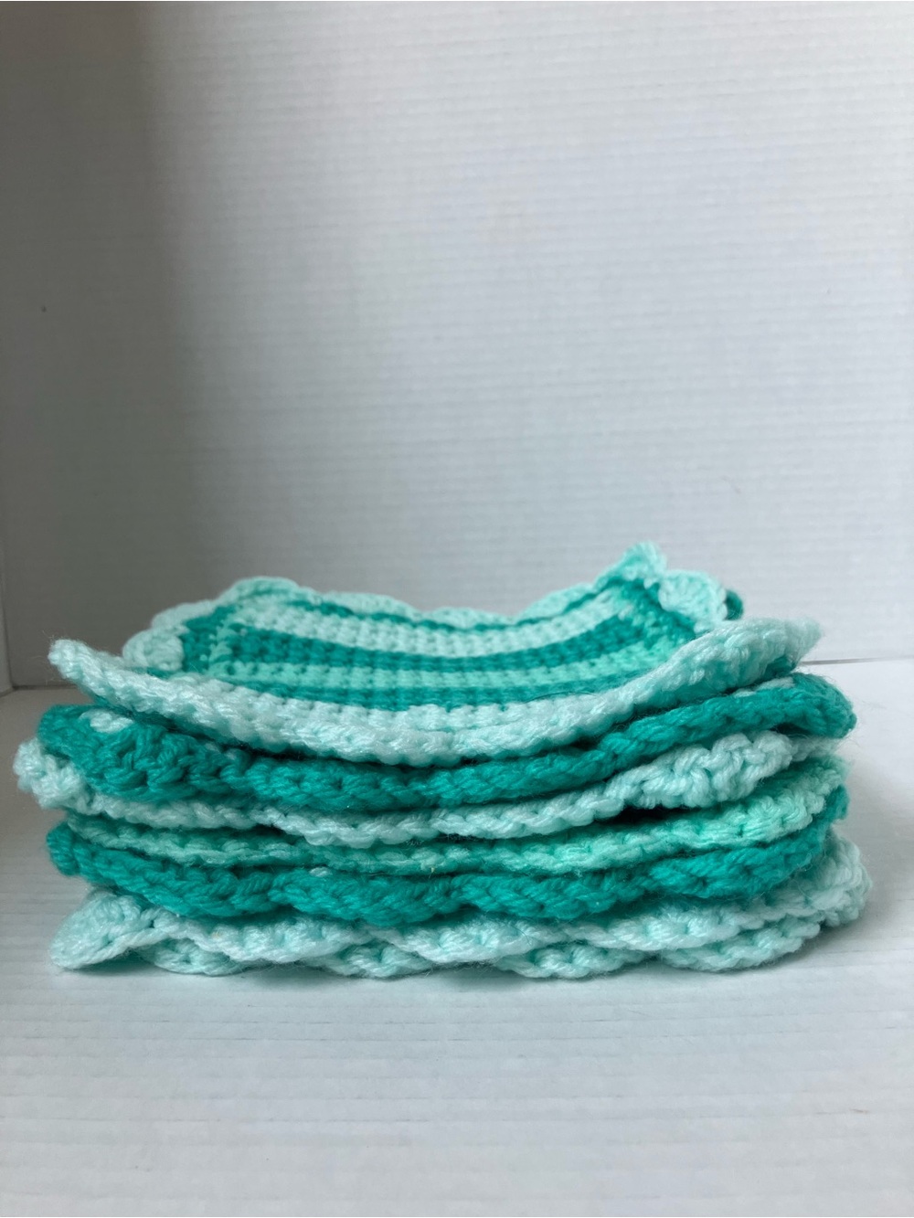 Hand-Crocheted Green Striped Kitchen Dining Cloths or Mats - Set of 7 Aprox 7” - Picture 4 of 10